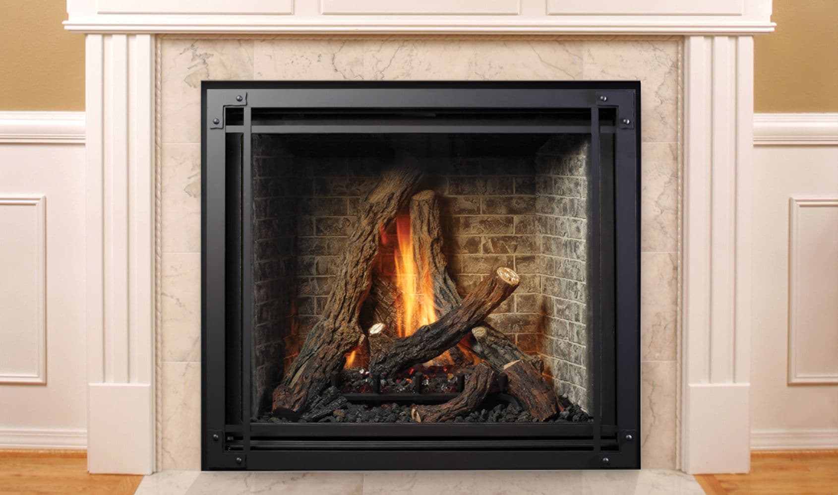 Elegant fireplace with a sleek black frame and realistic logs, crackling warm flames, set in a marble surround. Cozy and inviting ambiance.