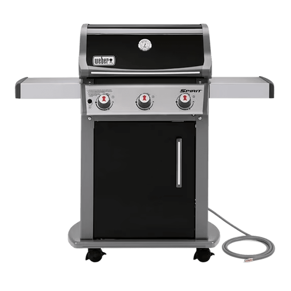 A sleek, stainless steel gas grill with three control knobs, black enamel finish, and side tables. It has wheels for easy mobility and an attached hose.