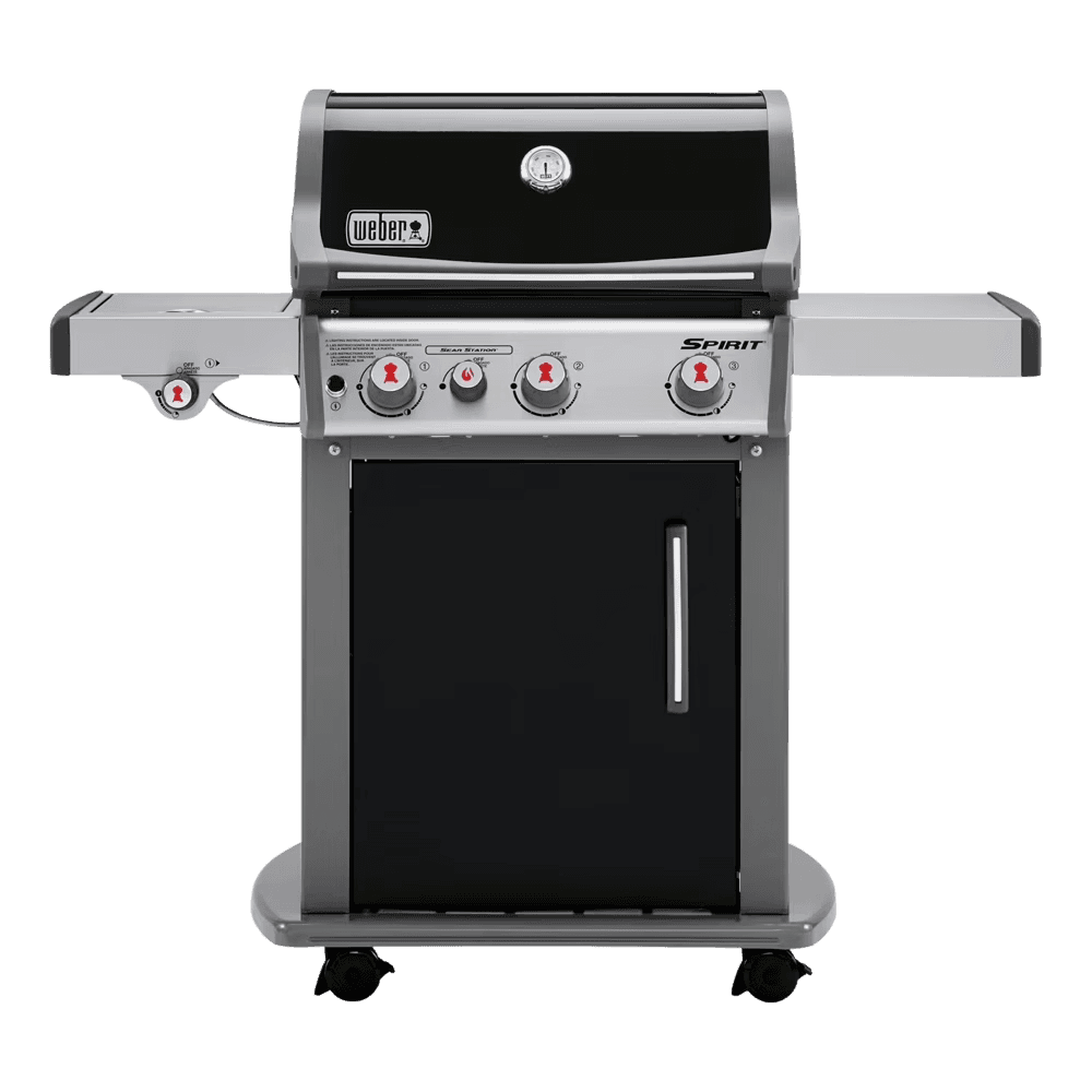 Sleek modern gas grill with three red control knobs, side shelves, and a glossy black and silver finish.