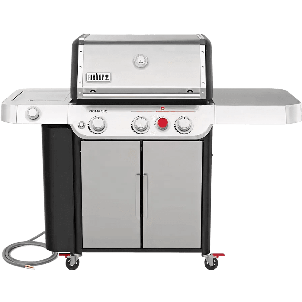 Stainless steel gas grill with a double-door cabinet, three control knobs, side burner, and side shelf.