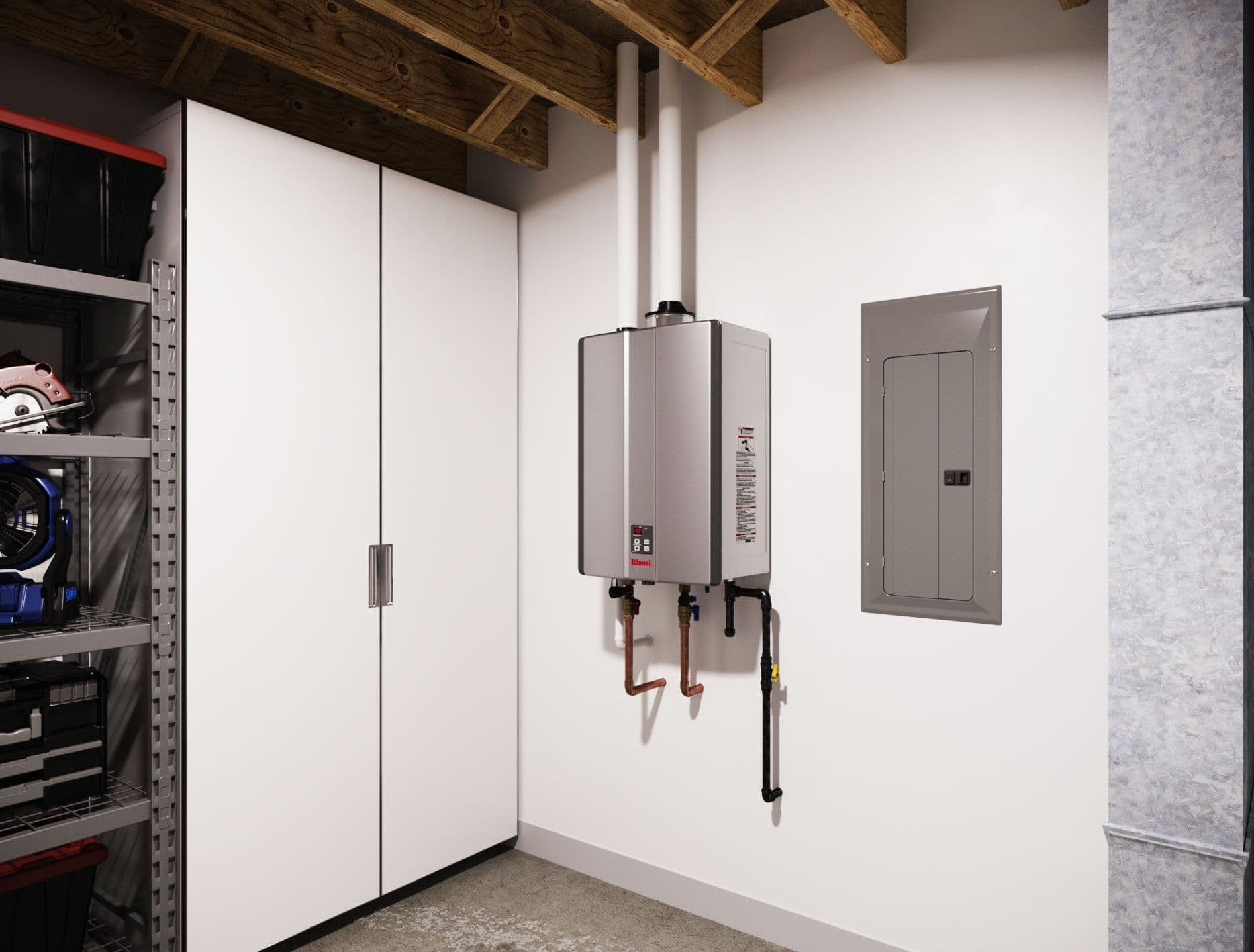 Modern utility room with a mounted tankless water heater beside an electrical panel on a white wall, adjacent to storage shelves and a cabinet.